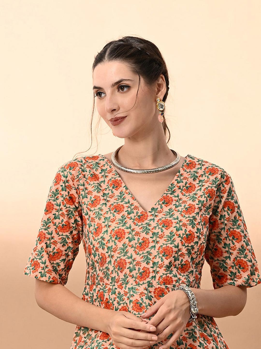 

VIDHANI Floral Printed Pure Cotton A Line Kurta with Palazzos, Orange