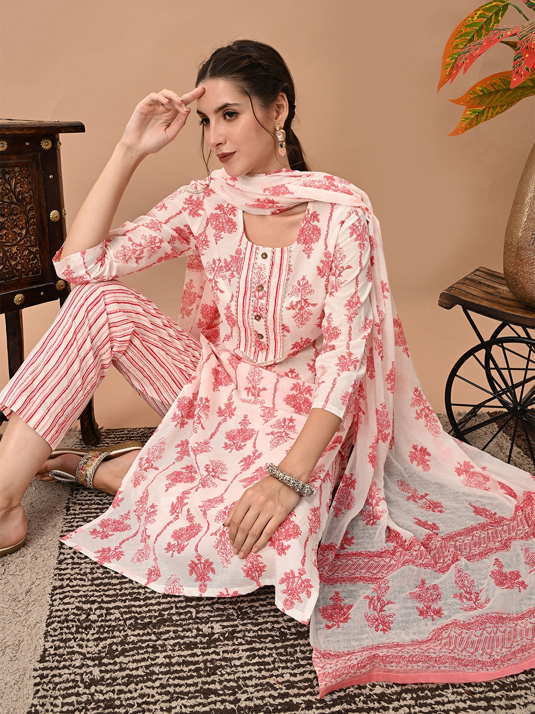 

VIDHANI Floral Printed Pure Cotton Straight Kurta & Trousers With Dupatta, Pink