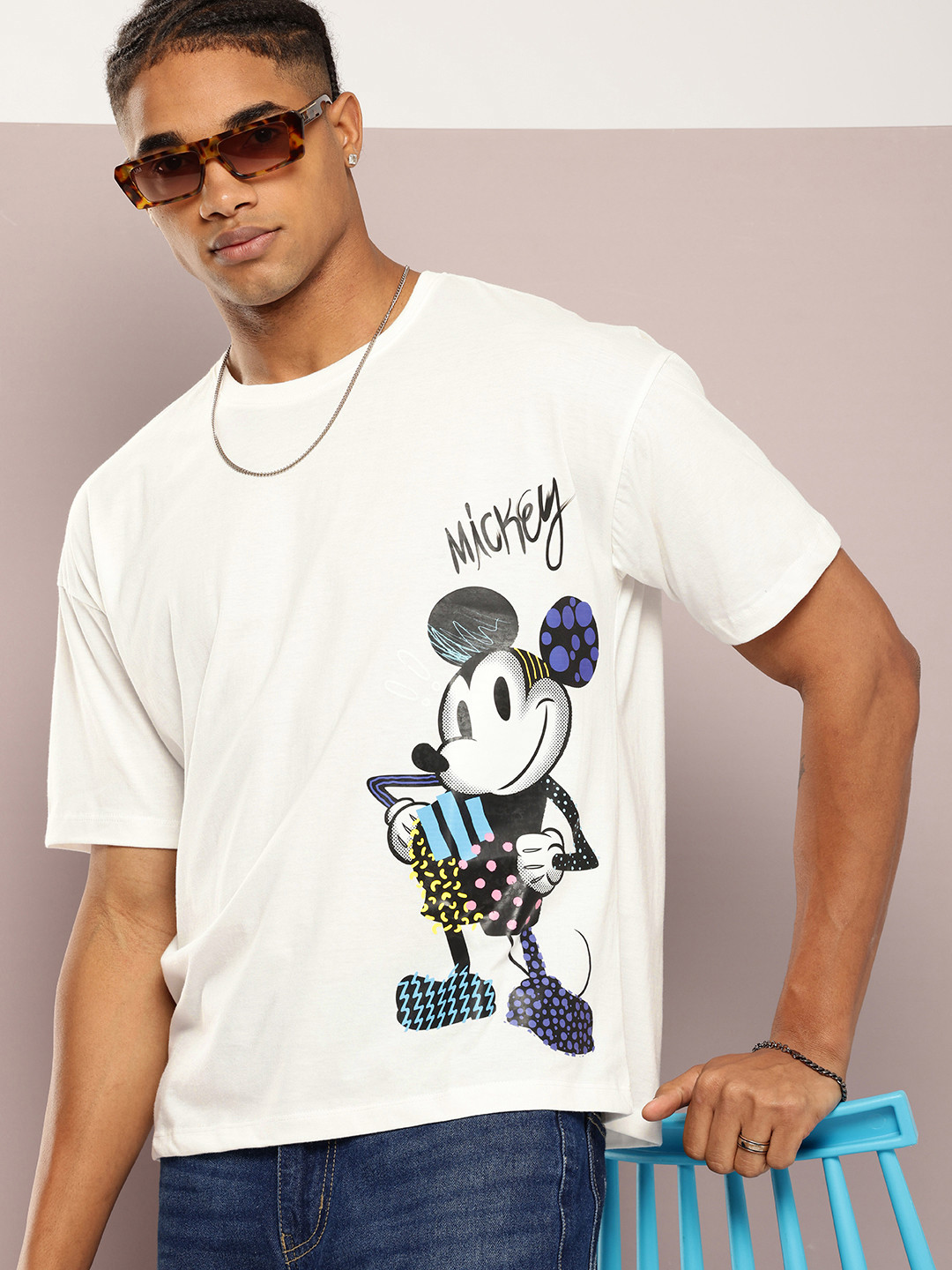 

Kook N Keech Disney Men Mickey Mouse Printed Oversized Pure Cotton T-shirt, White