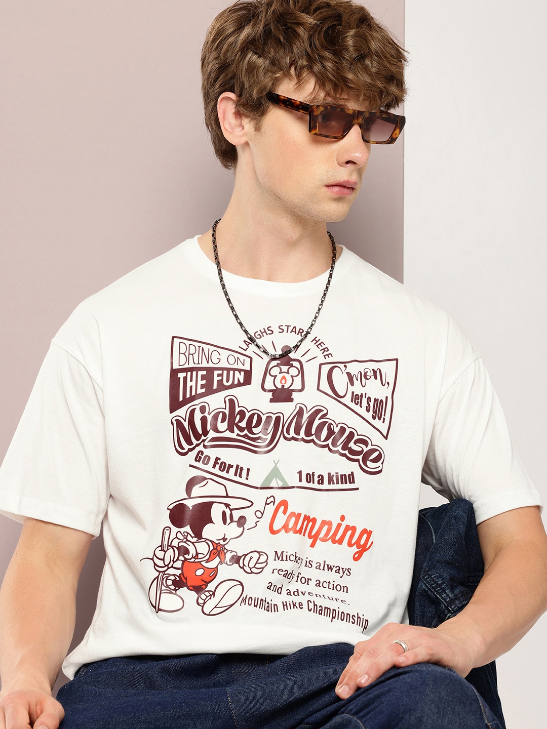 

Kook N Keech Disney Men Mickey Mouse Printed Oversized Pure Cotton T-shirt, White