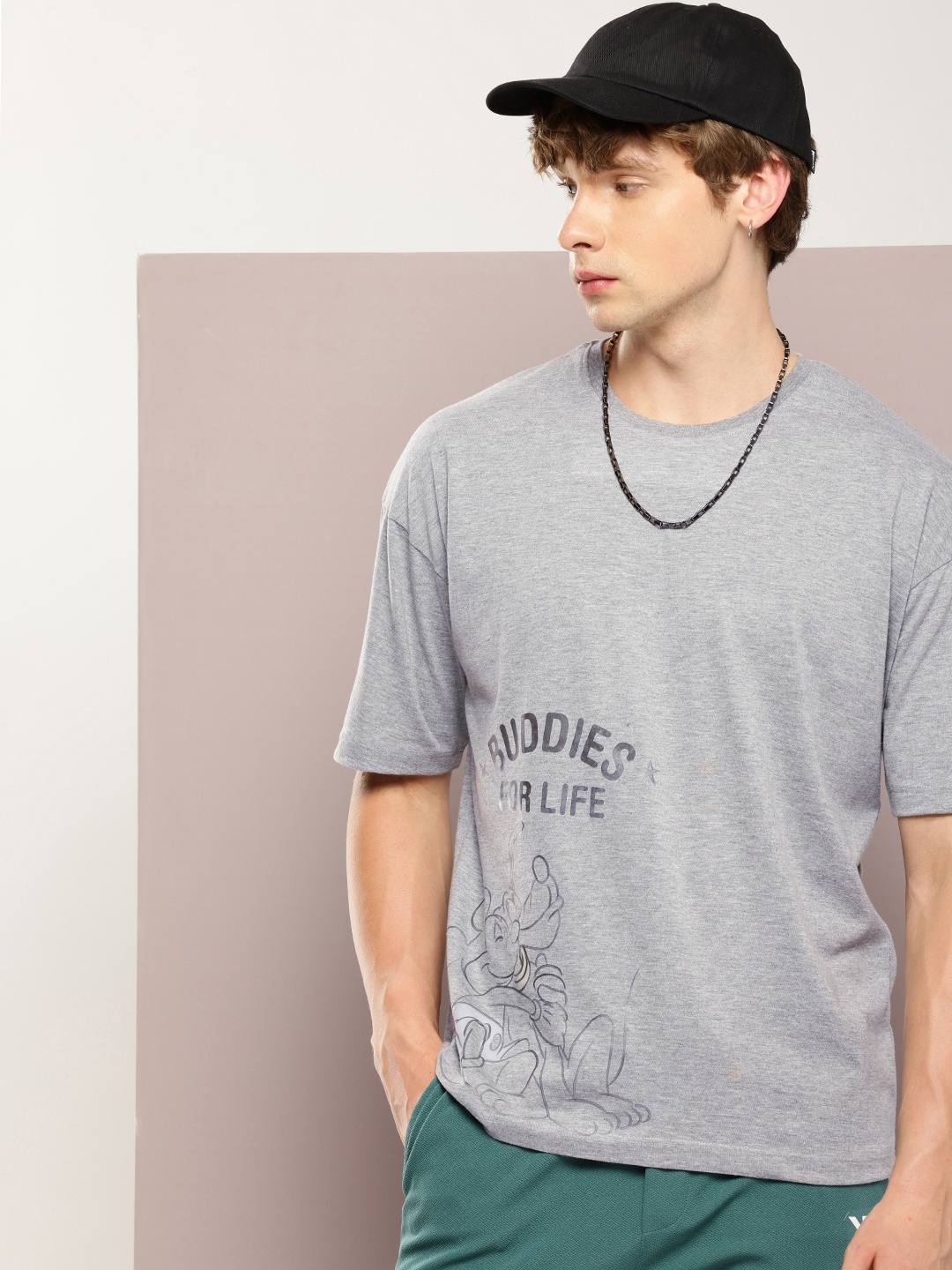 

Kook N Keech Disney Men Printed Drop-Shoulder Sleeves Oversized Pure Cotton T-shirt, Grey