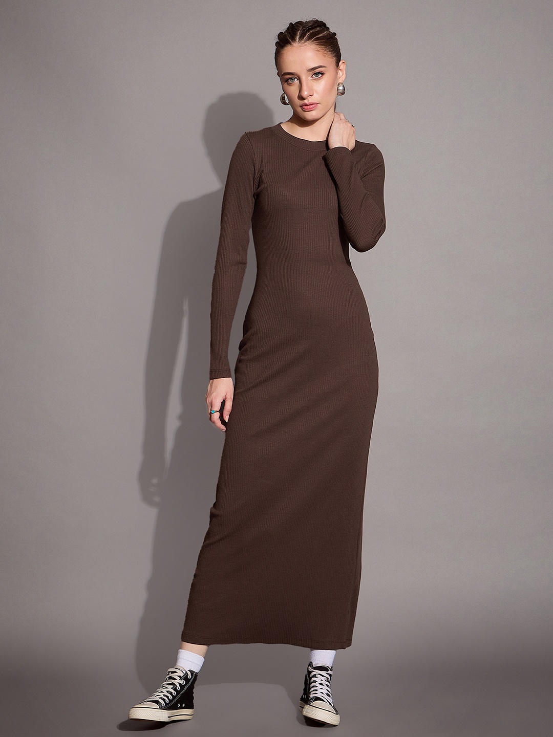 

SASSAFRAS BASICS Ribbed Bodycon Maxi Dress, Brown