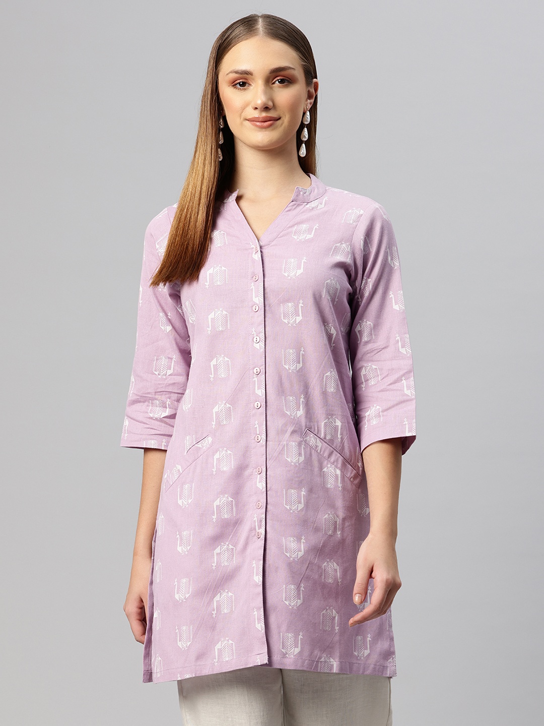 

Ayaany Mandarin Collar Printed Ethnic Tunic, Pink