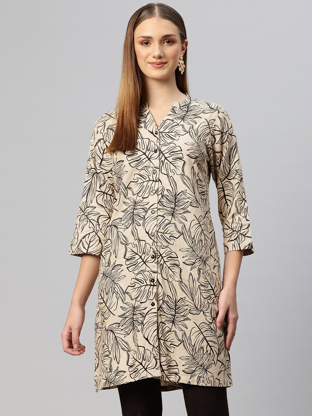 

Ayaany Mandarin Collar Printed Tunic, Beige