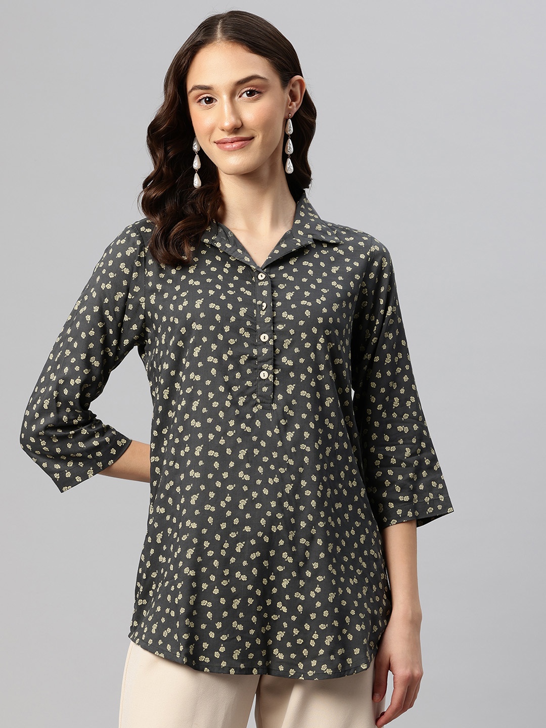 

Ayaany Floral Printed Shirt Collar Cotton Tunic, Grey