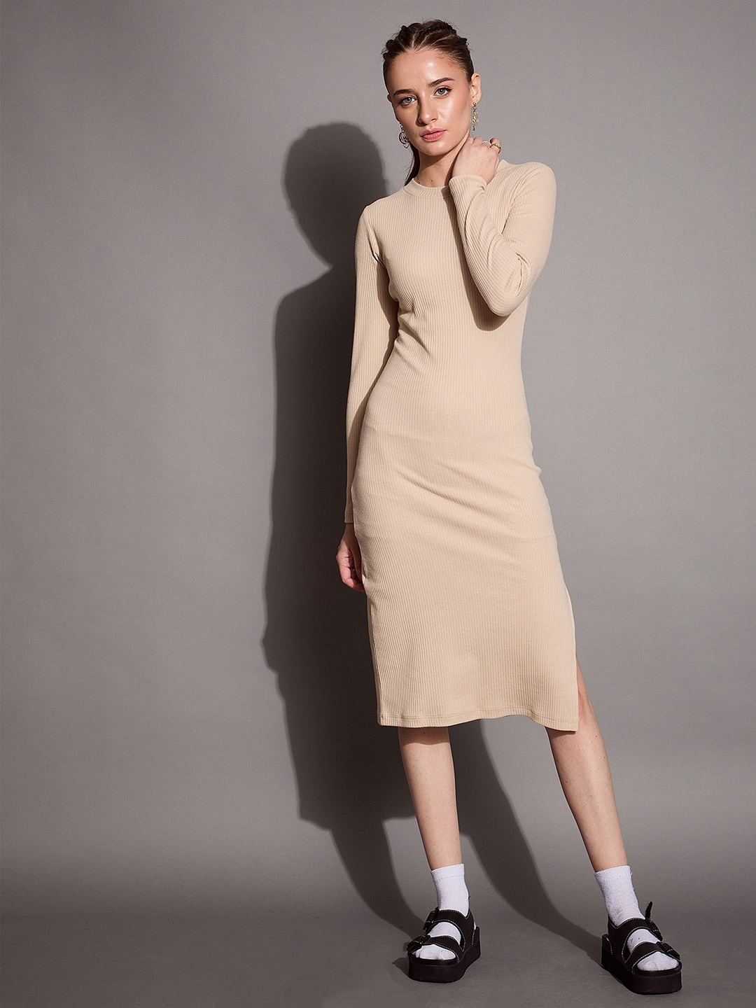 

SASSAFRAS BASICS Bodycon Midi Dress, Beige