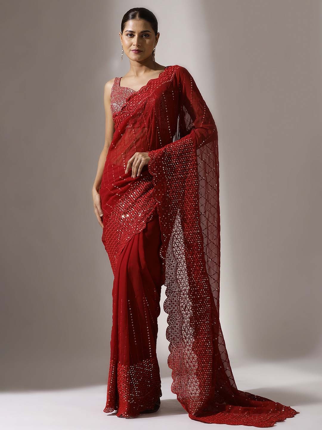 

Qahal Floral Sequinned Pure Georgette Saree, Pink