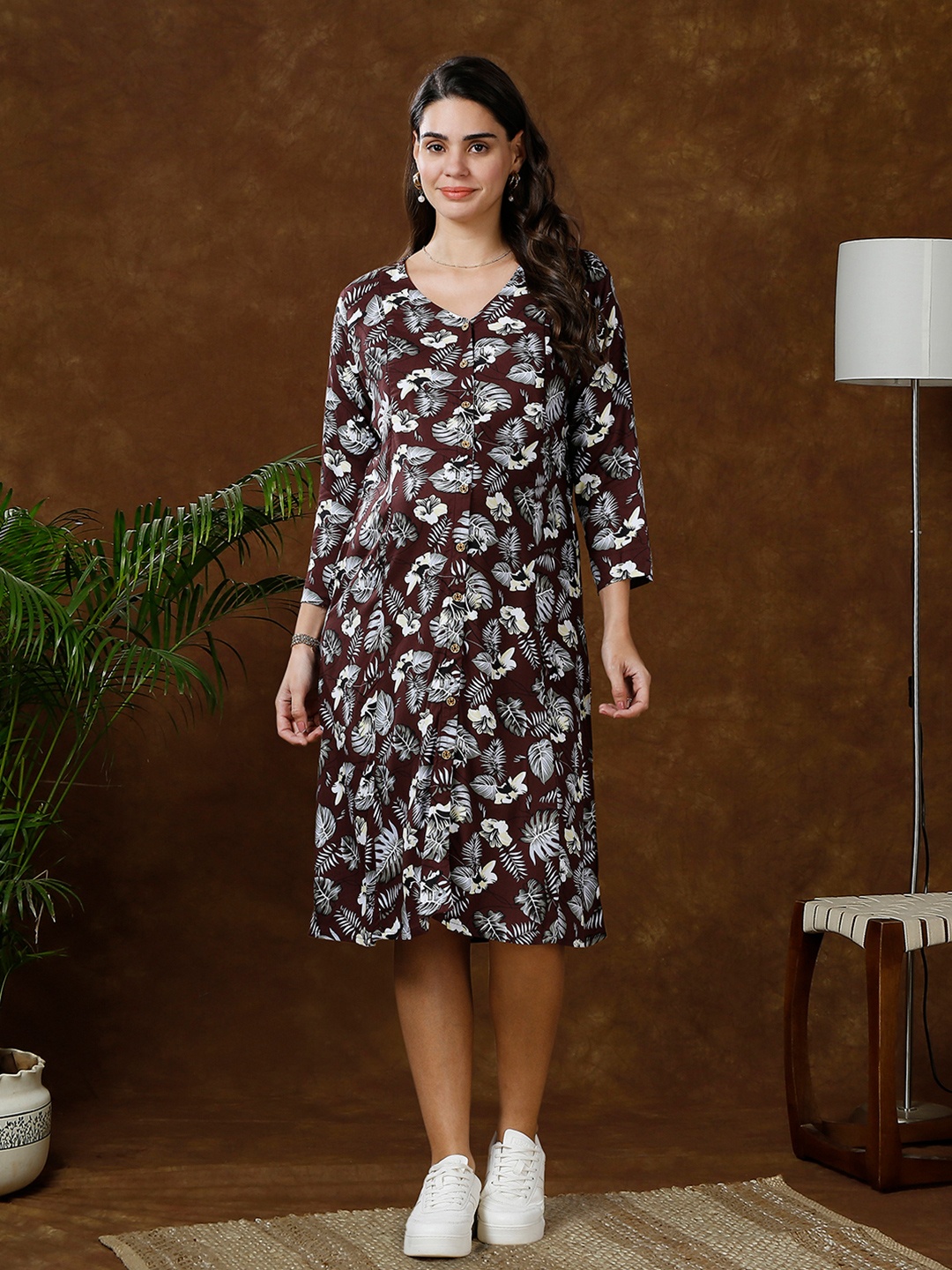 

MomToBe Floral Printed Maternity A-line Midi Dress, Brown