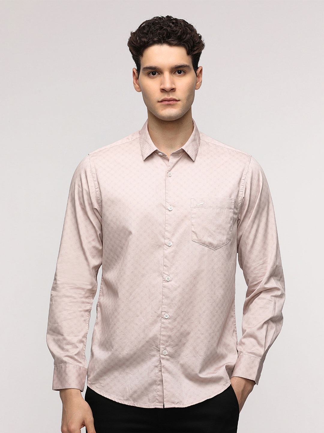 

Crocodile Self Design Printed Spread Collar Pure Cotton Casual Shirt, Peach