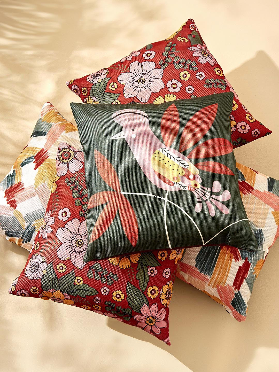 

Home Centre Vera Calliste 5 Pieces Red & Green Floral Square Cushion Covers
