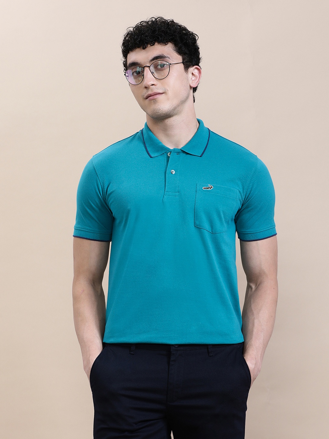 

Crocodile Men Solid Polo Collar Cotton Slim Fit T-Shirt, Teal