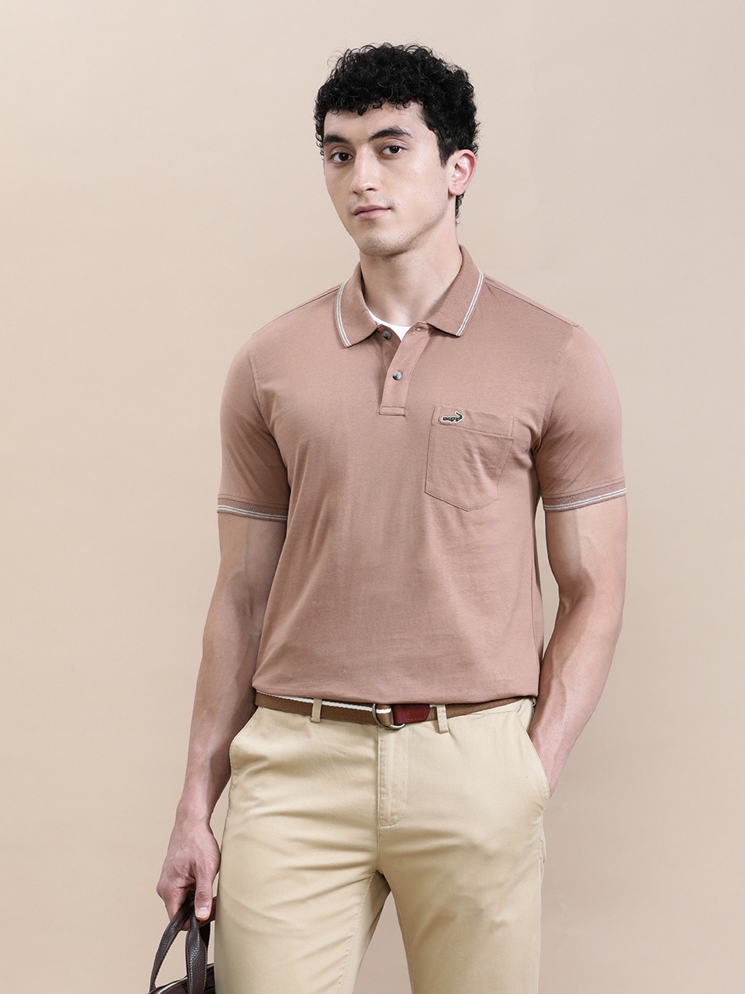 

Crocodile Men Solid Polo Collar Cotton Slim Fit T-Shirt, Brown