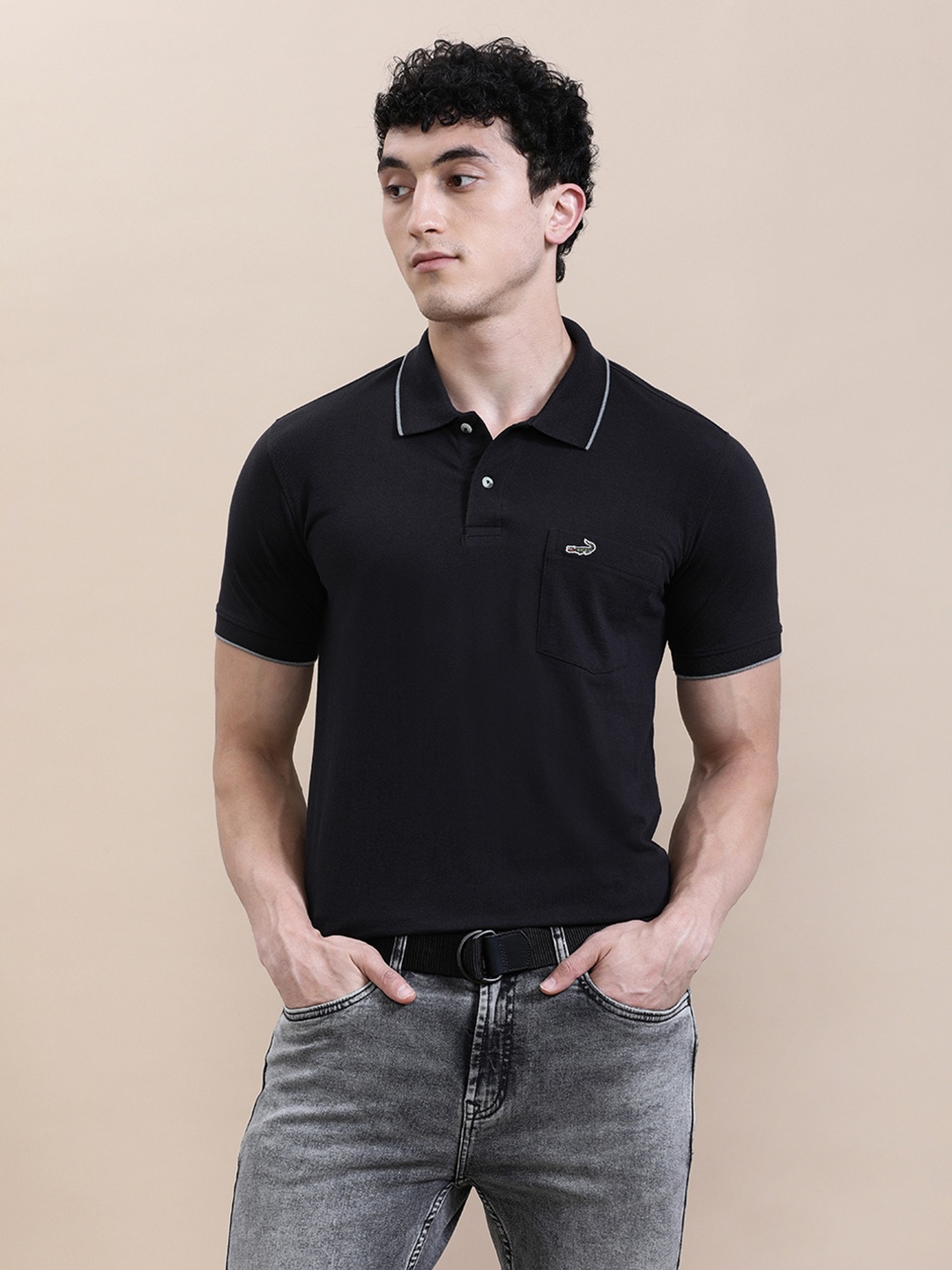 

Crocodile Men Solid Polo Collar Cotton Slim Fit T-Shirt, Black