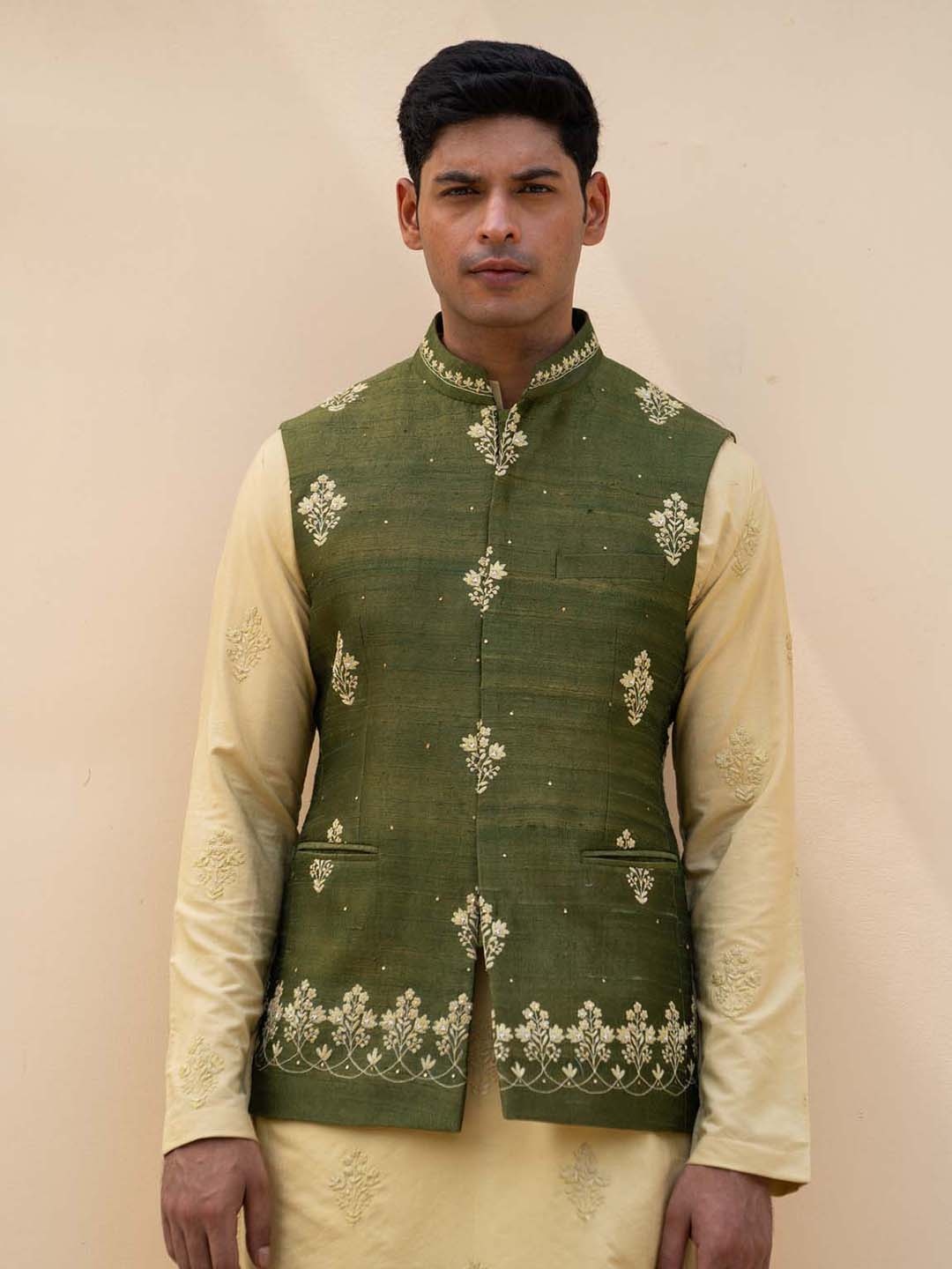 

Ayush Jain Embroidered Woven Nehru Jacket, Green