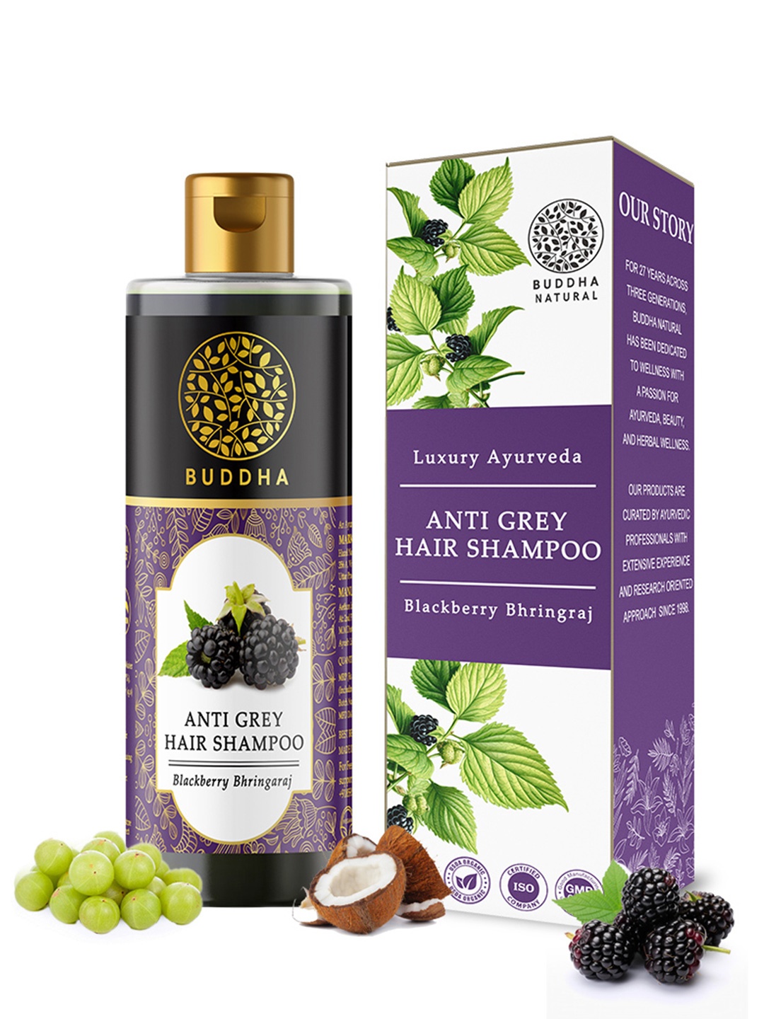 

BUDDHA NATURAL Anti Grey Hair Shampoo With Blackberry Bhringraj - 200ml, Black