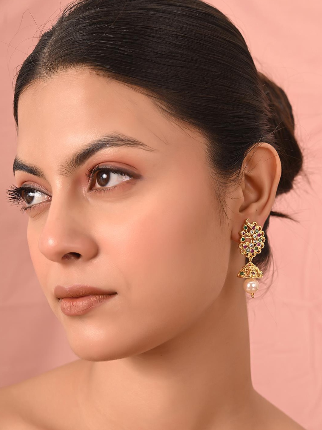 

RATNAVALI JEWELS Gold-Plated Dome Shaped American Diamond Jhumkas