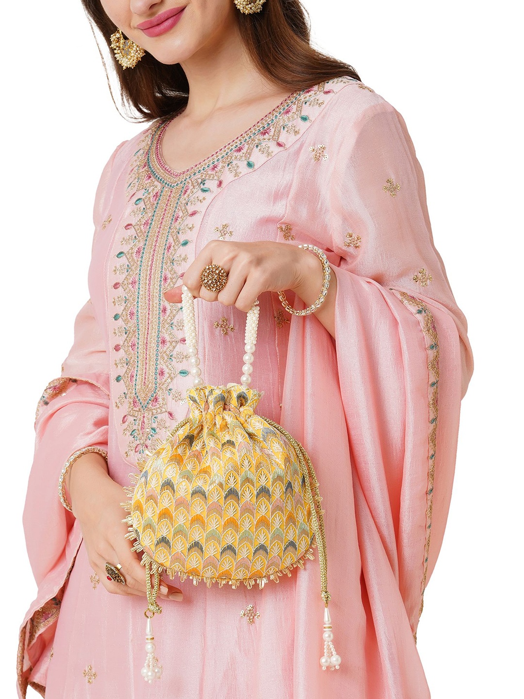 

Lavie Noor Embroidered Potli Clutch, Yellow