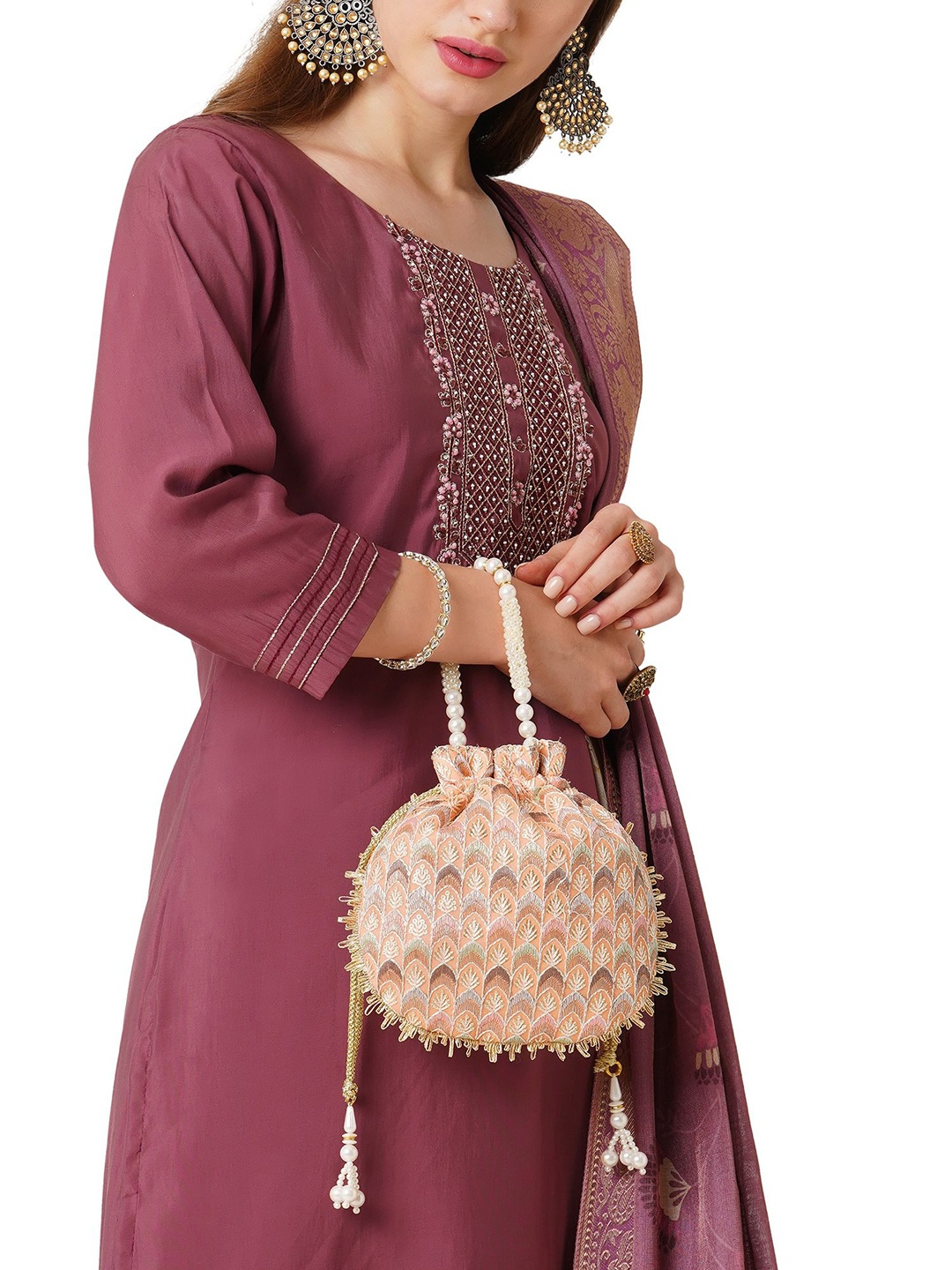 

Lavie Noor Embroidered Potli Clutch, Peach