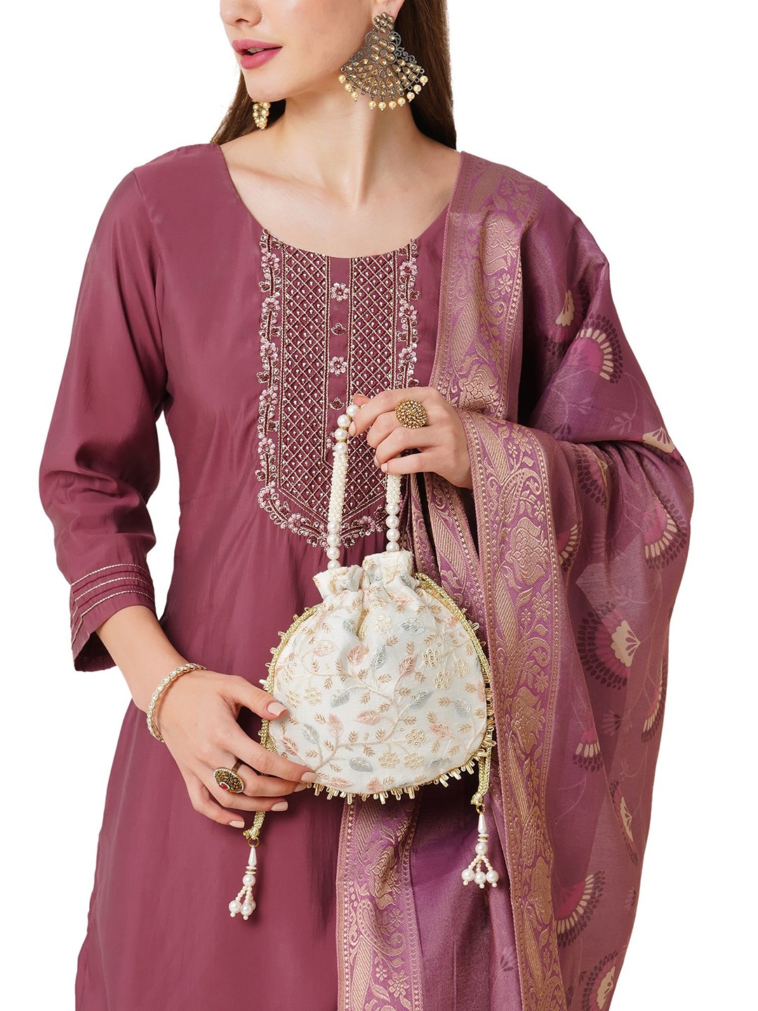 

Lavie Aria Embroidered Potli Clutch, White