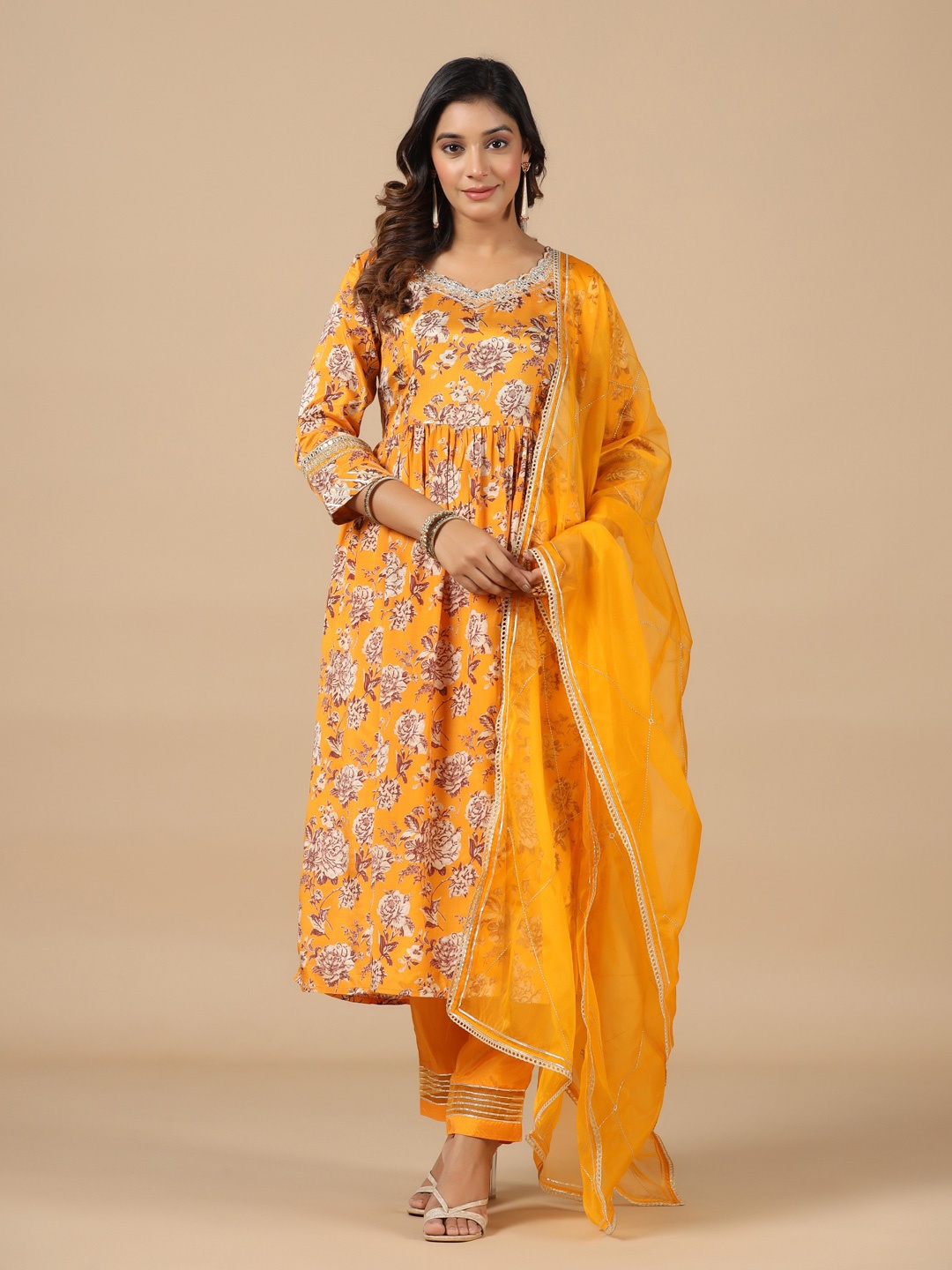 

SAVI Floral Printed Anarkali Kurta with Trousers & With Dupatta, Yellow