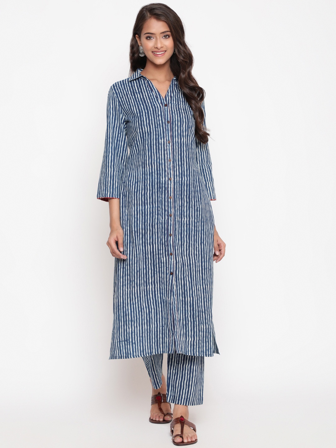 

SAVI Striped Regular Pure Cotton Kurta With Trousers, Blue