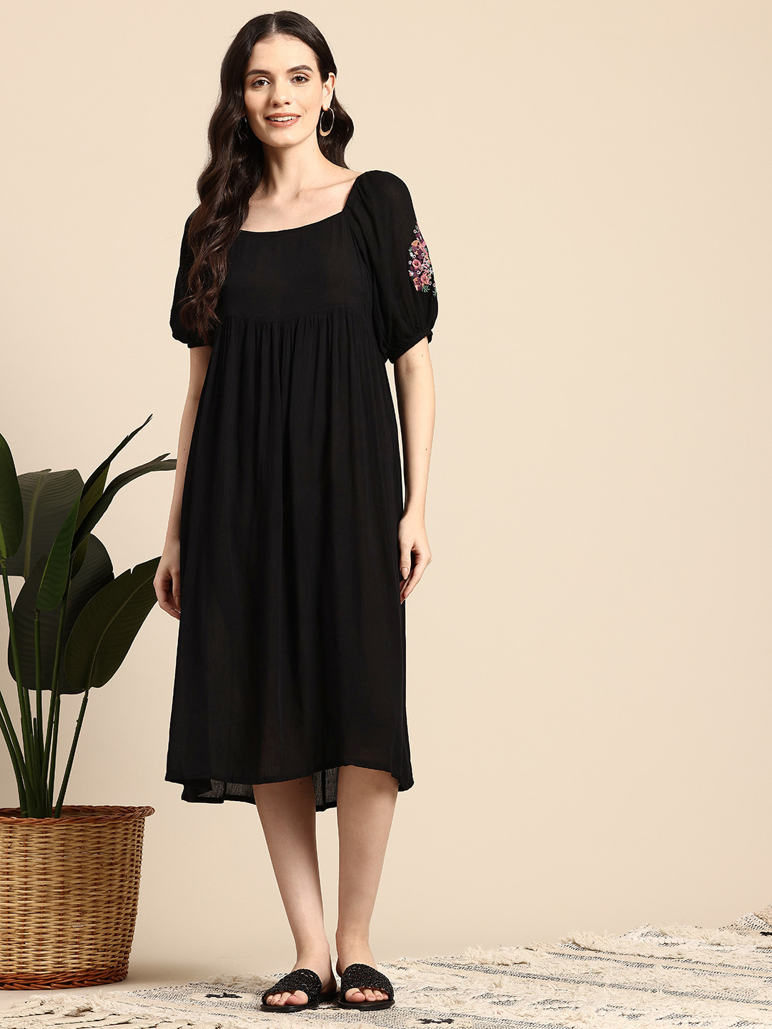 

Mast & Harbour Puff Sleeves A-Line Dress With Embroidered Detail, Black
