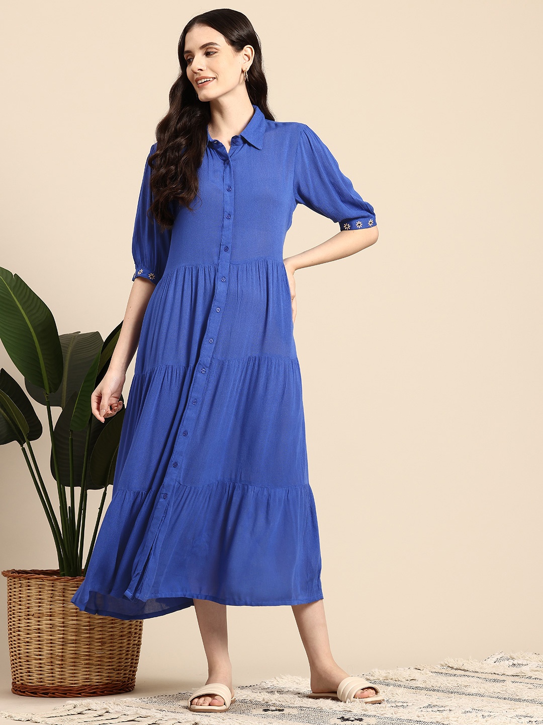 

Mast & Harbour Puff Sleeves Tiered Shirt Midi Dress, Blue