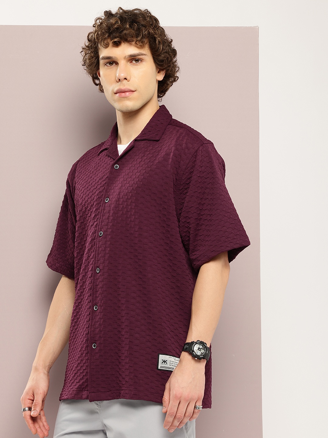 

Kook N Keech Men Premium Textured Cuban Collar Relaxed Fit Casual Shirt, Maroon