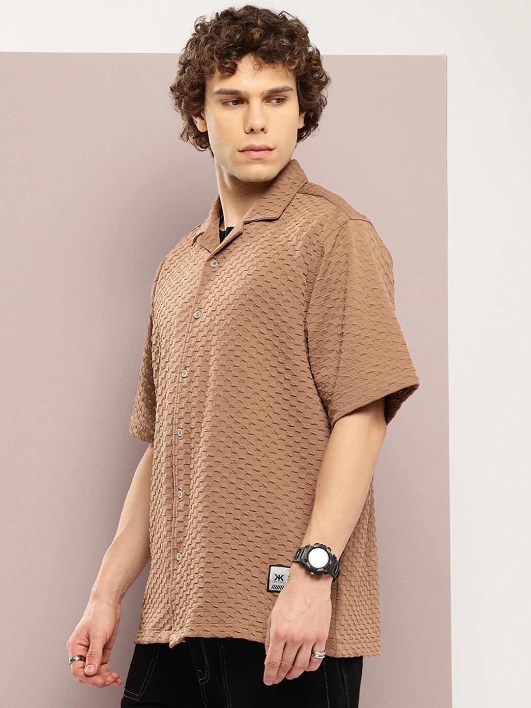 

Kook N Keech Men Premium Popcorn Texture Cuban Collar Relaxed Fit Casual Shirt, Brown