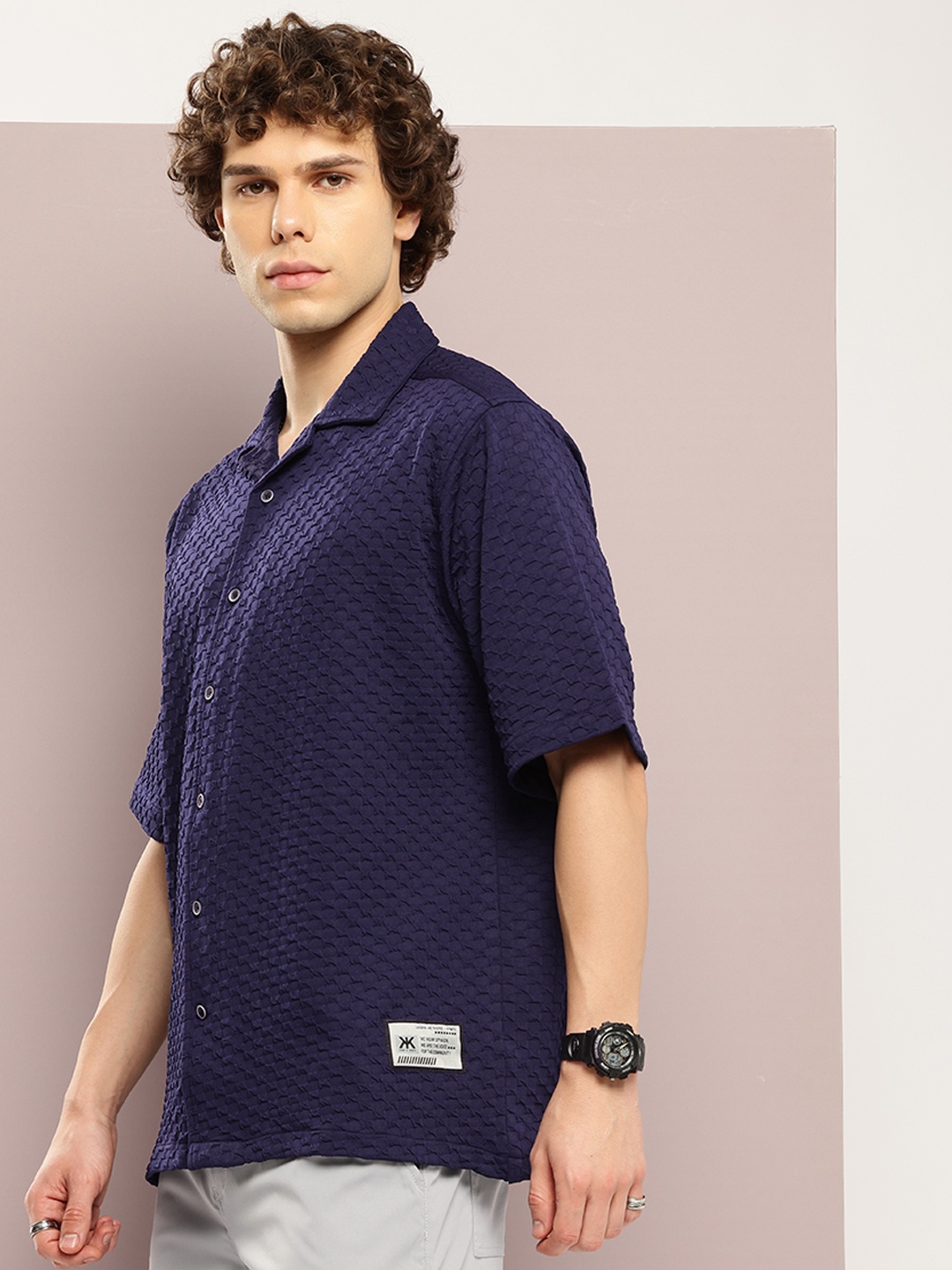 

Kook N Keech Men Premium Textured Cuban Collar Relaxed Fit Casual Shirt, Navy blue