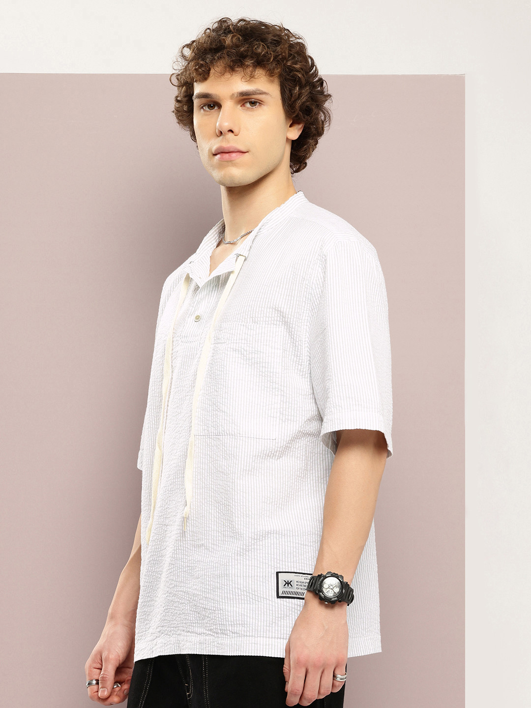 

Kook N Keech Men Premium Striped Oversized Pure Cotton Casual Shirt, Grey