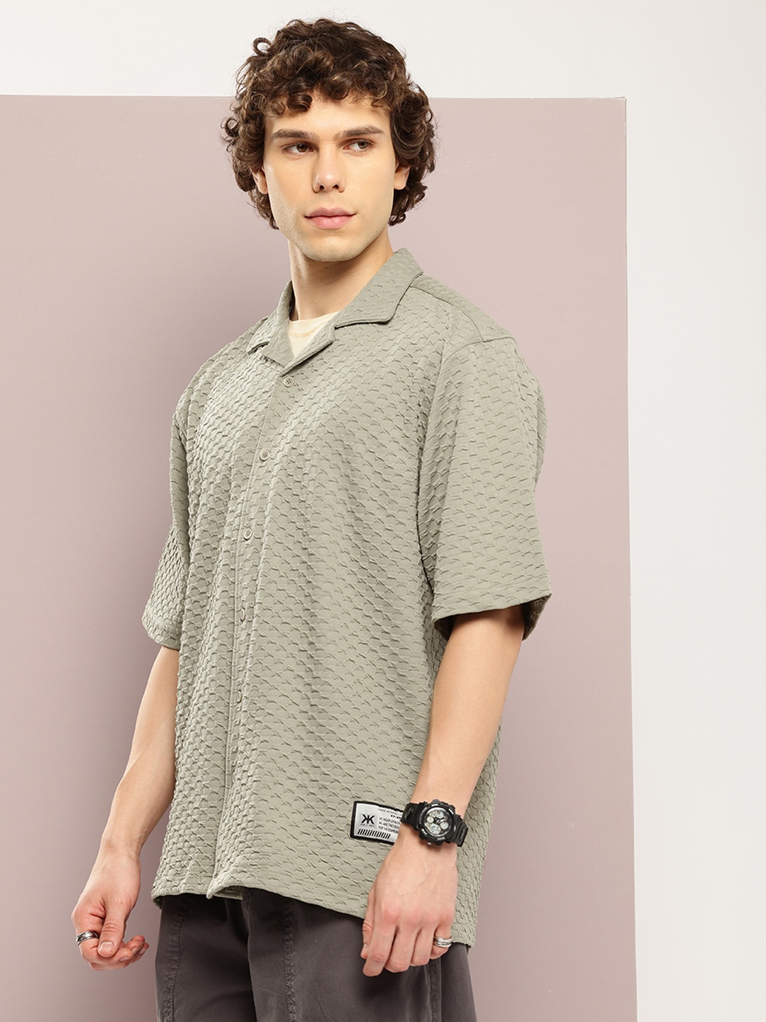 

Kook N Keech Men Premium Popcorn Texture Cuban Collar Relaxed Fit Casual Shirt, Olive