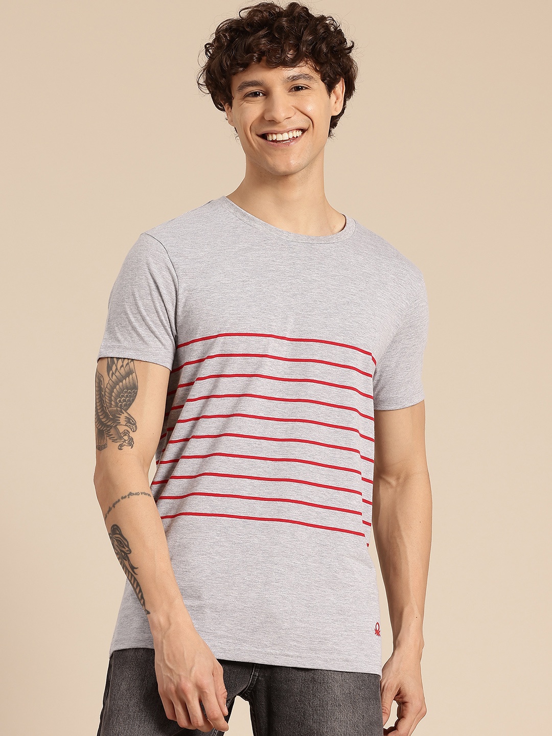 

United Colors of Benetton Horizontally Striped Regular Fit T-shirt, Grey melange