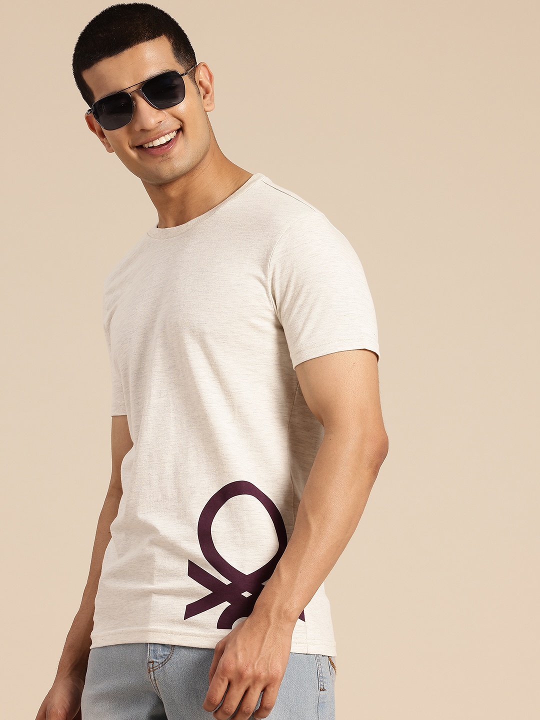

United Colors of Benetton Brand Logo Print Regular Fit T-shirt, Off white