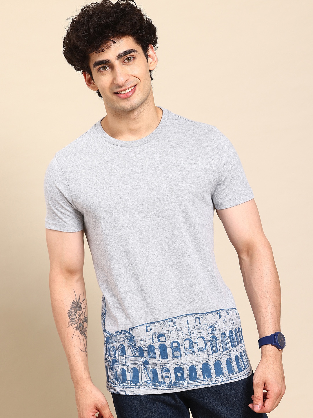 

United Colors of Benetton Printed T-shirt, Grey melange