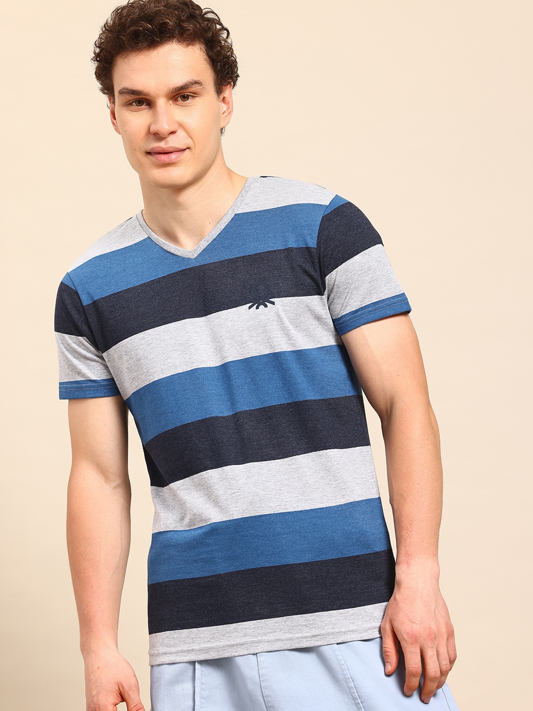 

United Colors of Benetton Men Striped Pure Cotton T-shirt, Blue