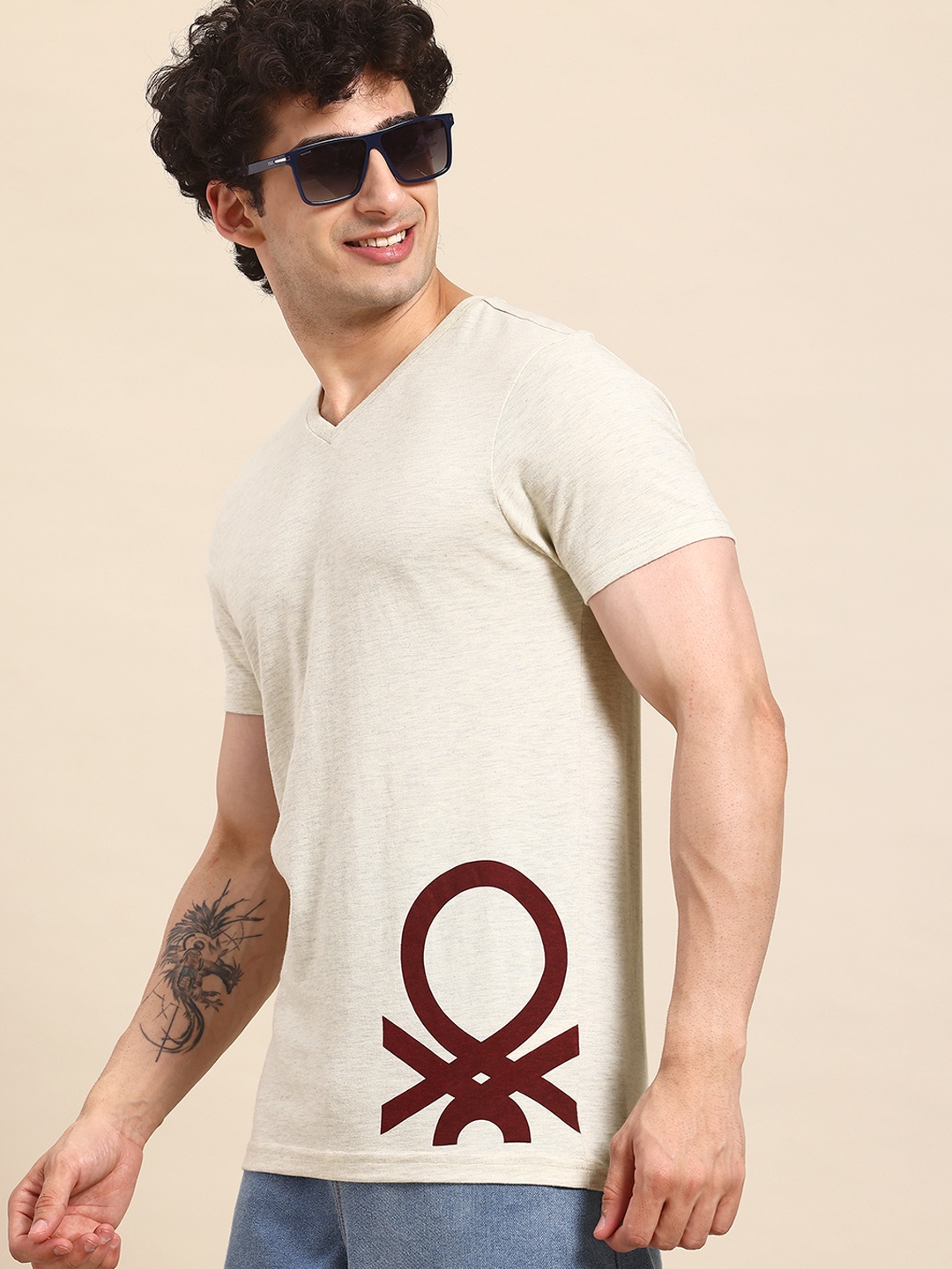 

United Colors of Benetton Men Brand Logo Printed V-Neck T-shirt, Beige
