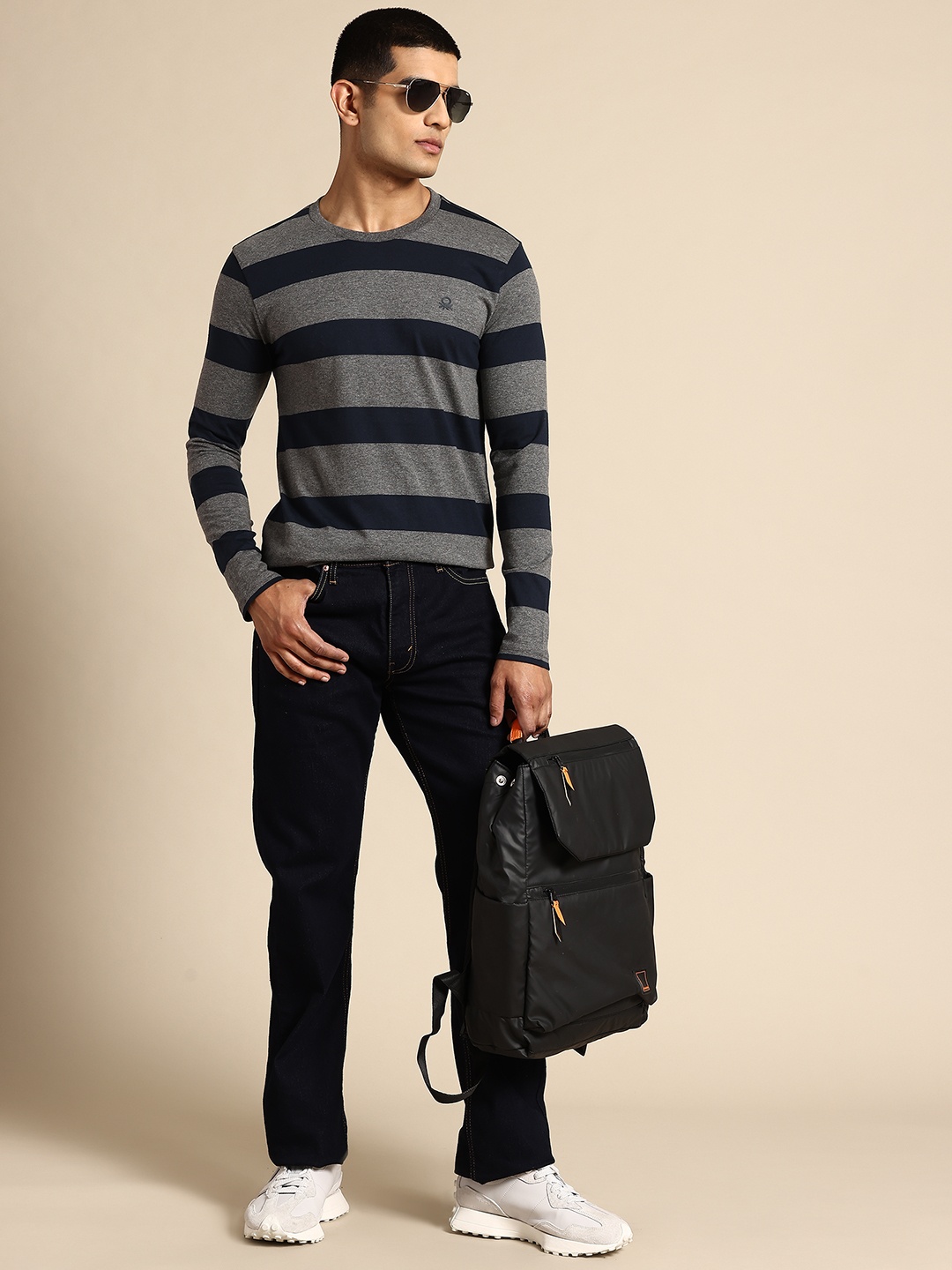 United Colors of Benetton Men Striped T-shirt, Grey