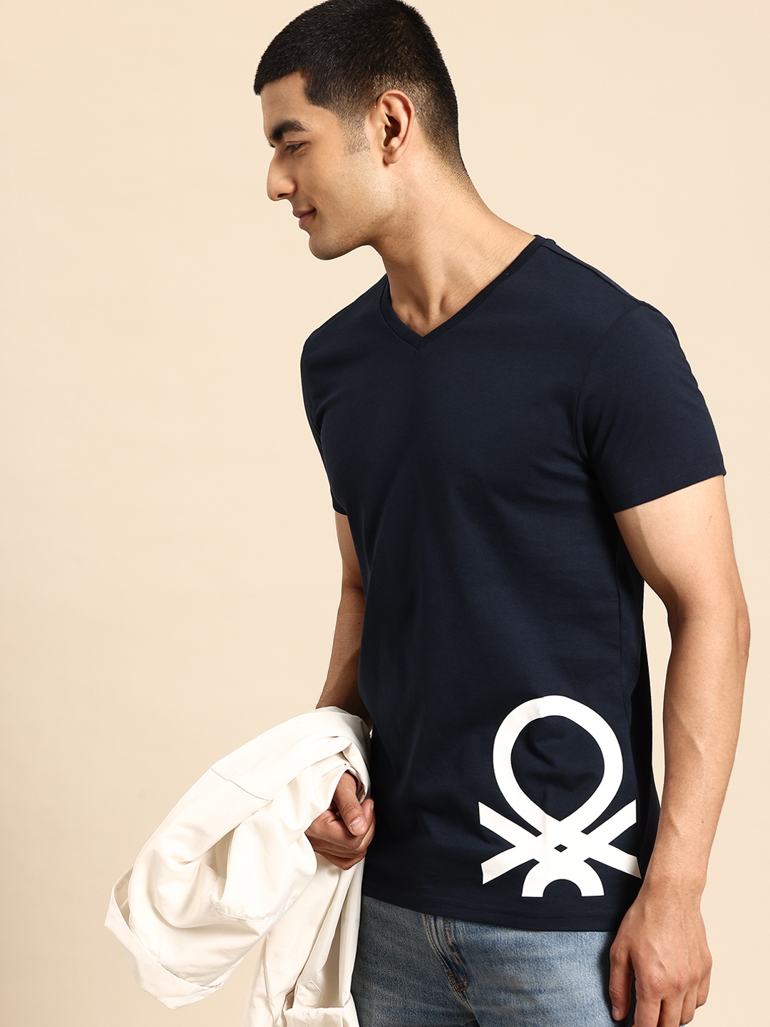 

United Colors of Benetton Brand Logo Print V-Neck T-shirt, Navy blue
