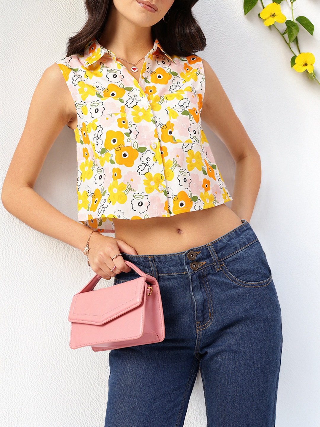 

DressBerry Color Pop Petals Floral Print Cropped Shirt, Off white