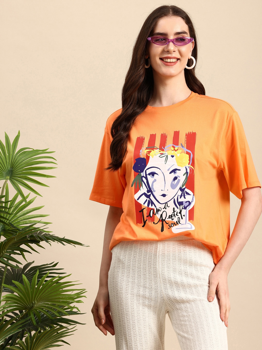 

Mast & Harbour Graphic Printed Drop-Shoulder Sleeves Pure Cotton Causal T-shirt, Orange