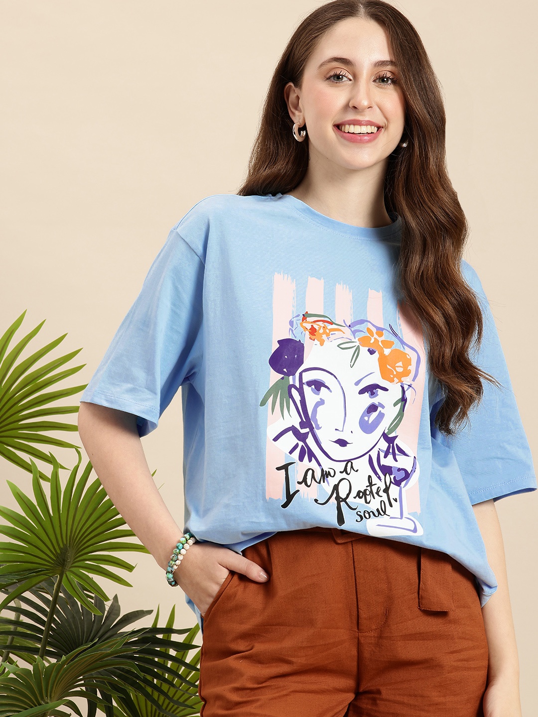 

Mast & Harbour Printed Drop-Shoulder Sleeves Relaxed Fit Pure Cotton T-shirt, Blue