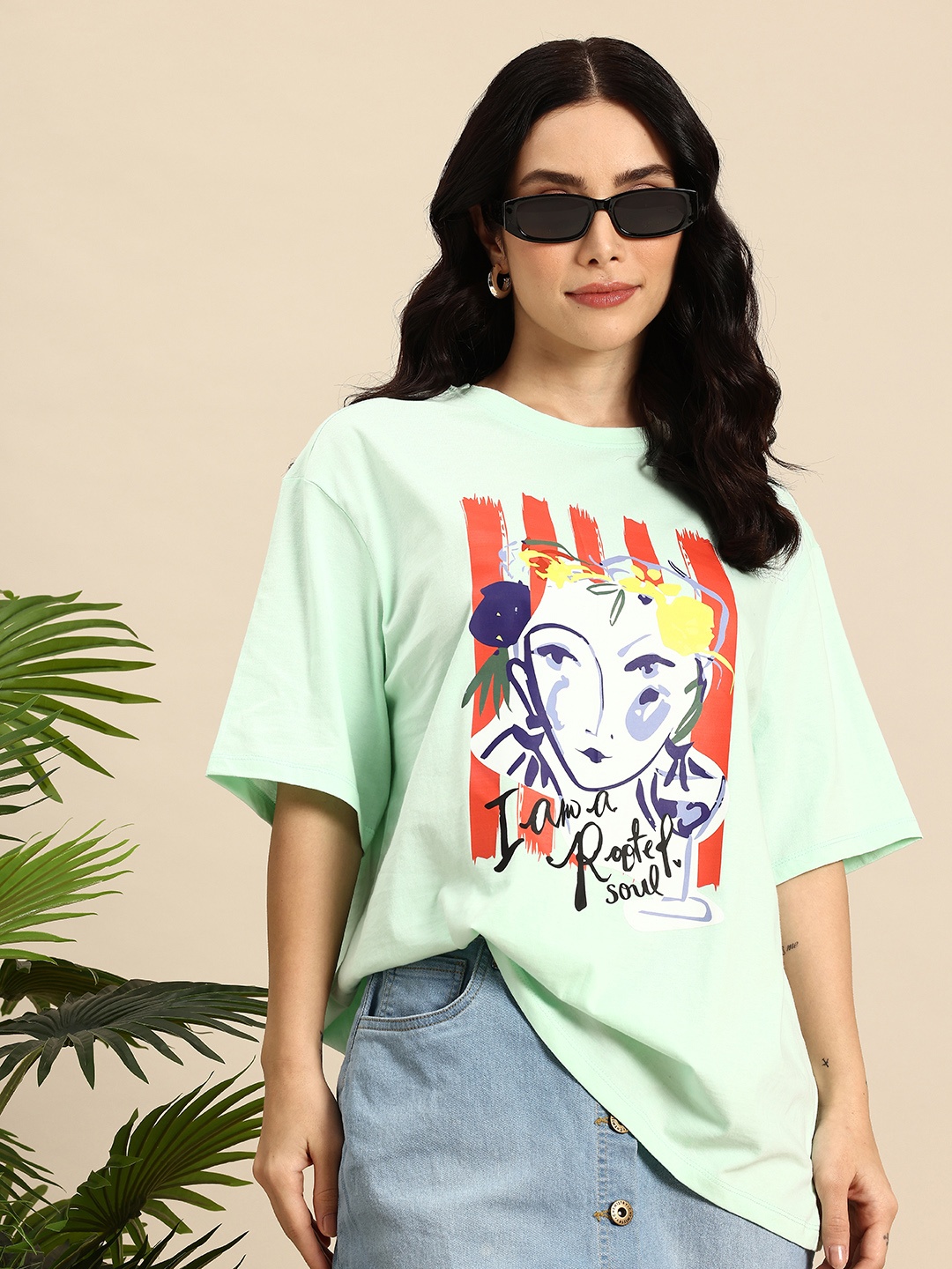 

Mast & Harbour Pure Cotton Graphic Printed Drop-Shoulder Sleeves Oversized T-shirt, Sea green