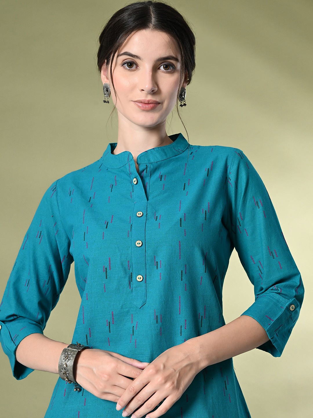 

GLOWWORLD Abstract Printed Mandarin Collar Pure Cotton A-Line Kurta, Green