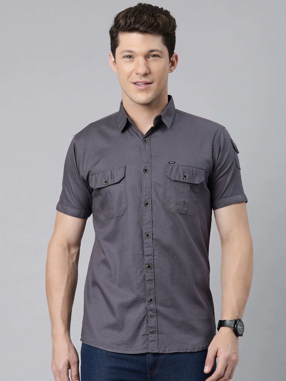 

Majestic Man Modern Slim Fit Checked Pure Cotton Shirt, Grey