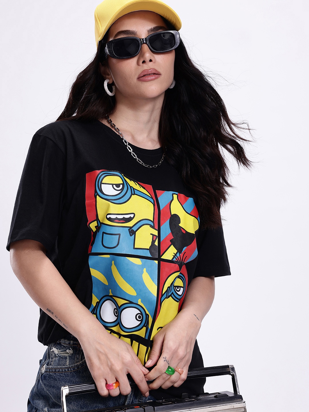 Minions by Kook N Keech Women Minions Printed Oversized Pure Cotton T-shirt, Black