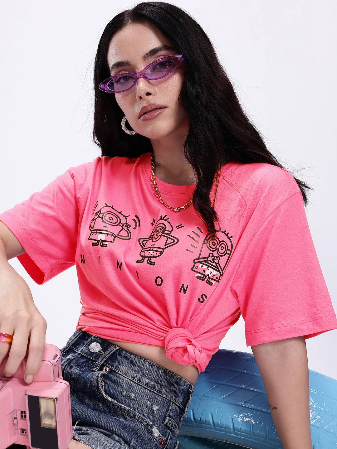 

Minions by Kook N Keech Minions Printed Oversized Pure Cotton T-shirt, Pink