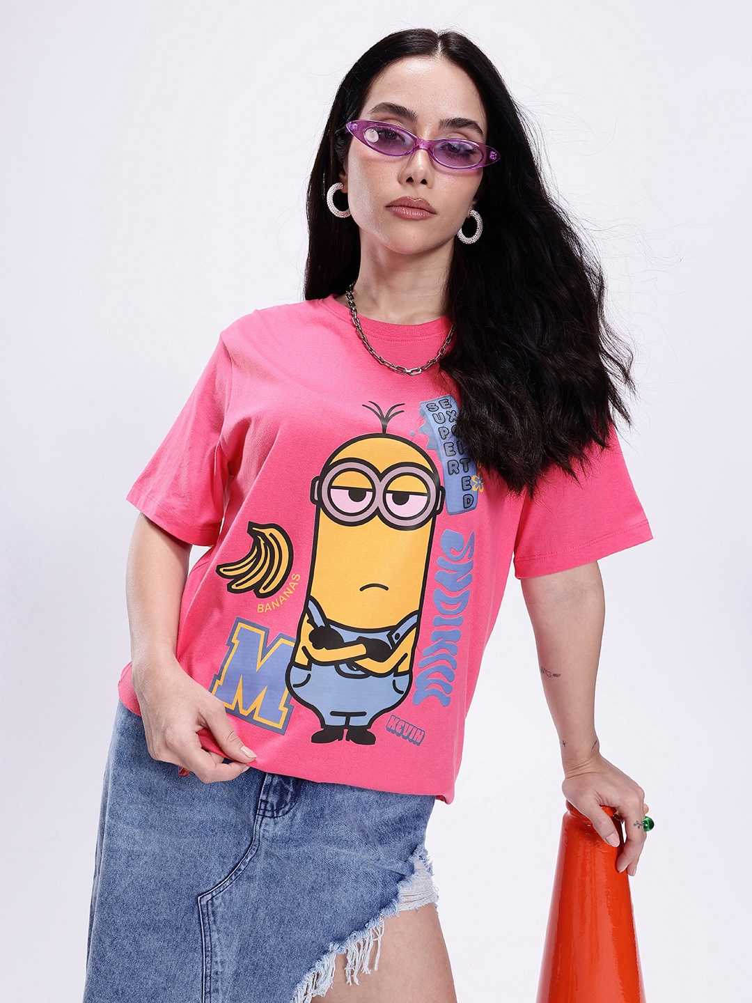 

Minions by Kook N Keech Minions Printed Oversized Pure Cotton T-shirt, Pink