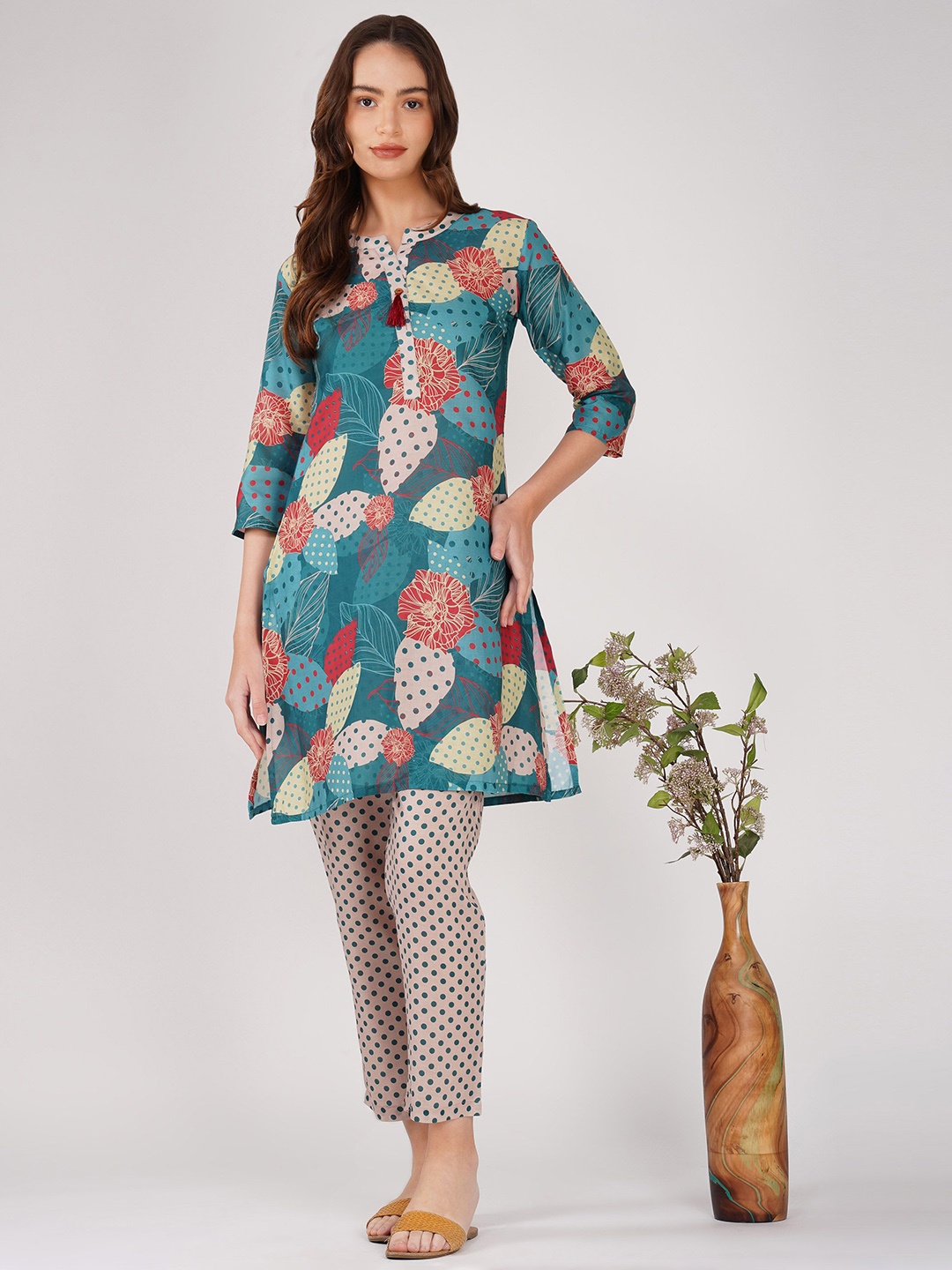 

Bindigasm Printed Mandarin Collar Tunic With Trouser, Green