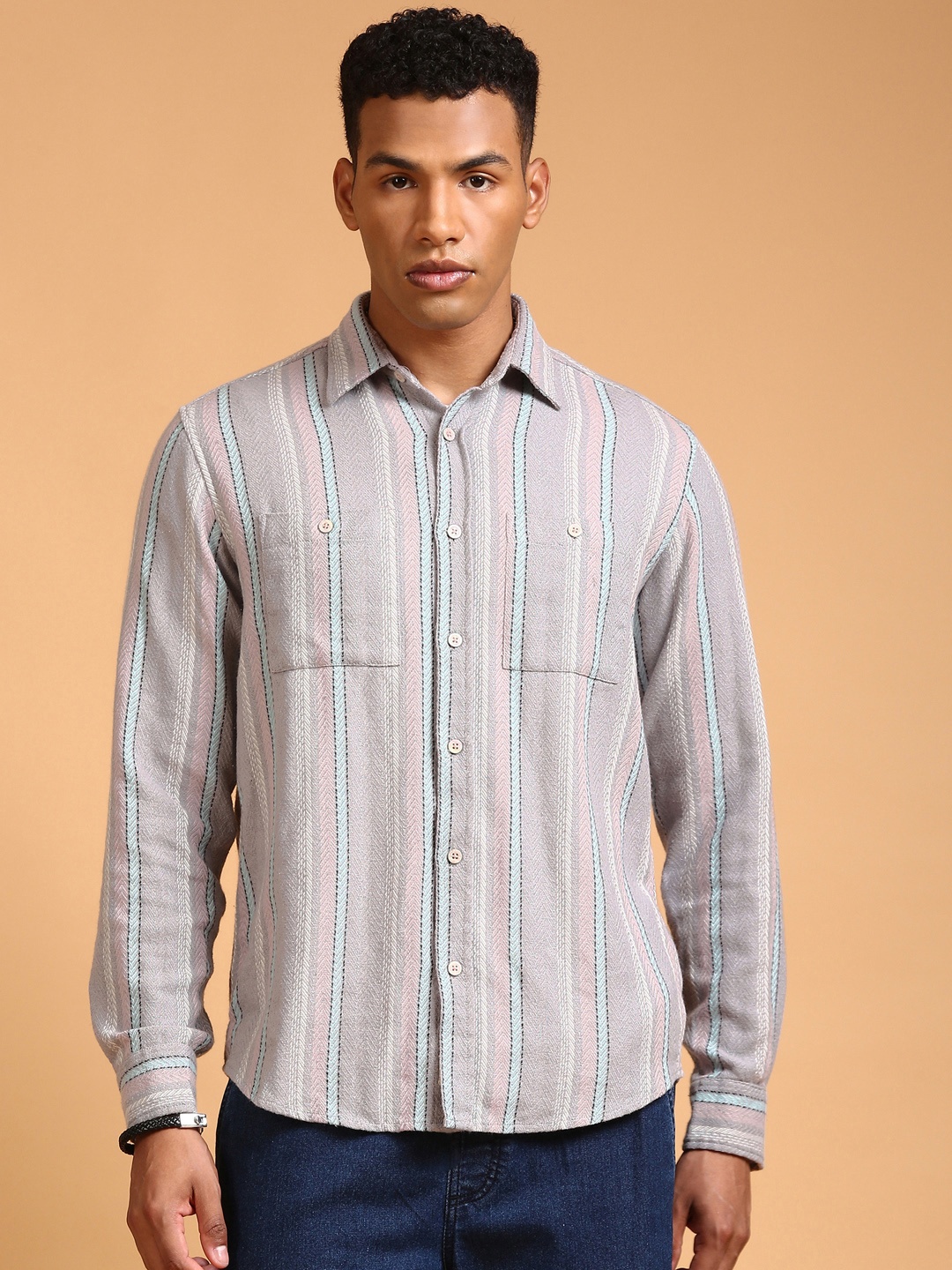 

LSD Relaxed Multi Stripes Opaque Casual Shirt, Grey